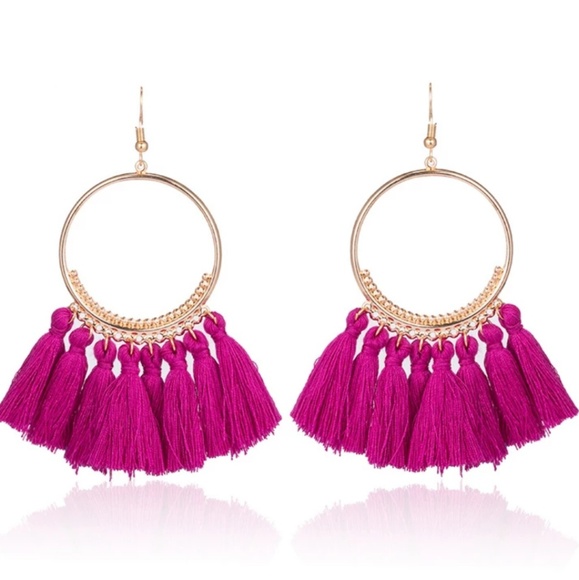 Tassel fringe hoop earrings Jewelry - Fuscia Gypsy Bohemian Spanish Tassel Hoop